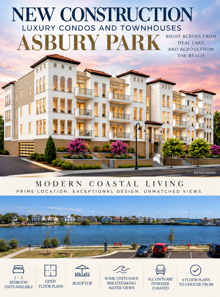 Advertiser supplied Asbury Park development rendering and Deal Lake view